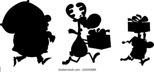 Black Santa Claus,Reindeer And Elf Running In Christmas Night  Silhouettes. Vector Illustration Isolated On White Background 