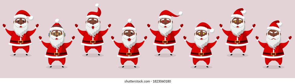 Black Santa. Set of cartoon Christmas illustrations isolated on white. Funny happy Santa Claus character. For Christmas cards, banners, tags and labels.