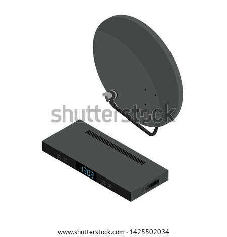 Black satellite decoder, reciever and antenna isometric view. TV  icon set