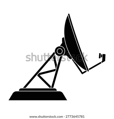 Black satellite dish antenna on a white background, symbolizing communication technology.