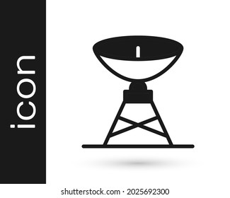 Black Satellite dish icon isolated on white background. Radio antenna, astronomy and space research.  Vector