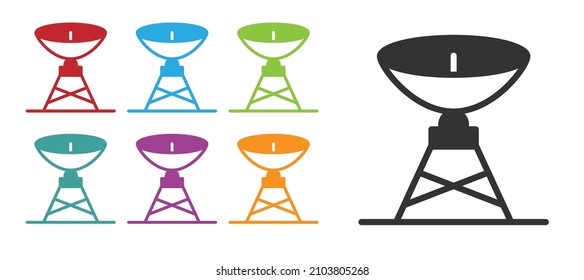 Black Satellite dish icon isolated on white background. Radio antenna, astronomy and space research. Set icons colorful. Vector