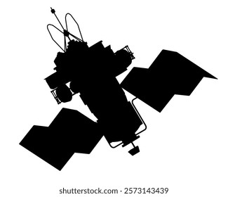 Black satellite is flying in the sky. The satellite is large and has a long antenna. The image is in black and white and has a moody, mysterious feel to it