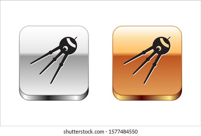 Black Satellite icon isolated on white background. Silver-gold square button. Vector Illustration