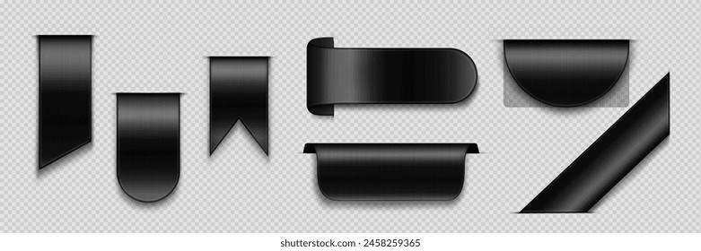 Black satin ribbon tag mockup on transparent background. Realistic 3d vector illustration set of corner label for Black Friday sale design. Textile or plastic badge for discount or info sign.