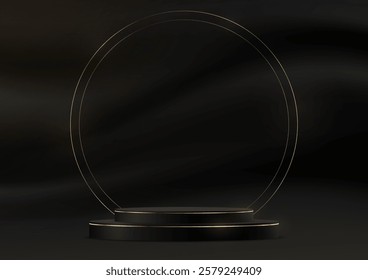 Black satin smooth fabric background vector 3d with podium. Black satin smooth fabric background space for selling products, backdrop, wallpaper, background, text. Vector illustration.