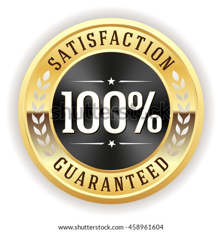 Black satisfaction guarantee button, badge with gold border on white background