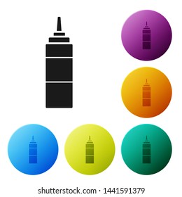 Black Sauce bottle icon isolated on white background. Ketchup, mustard and mayonnaise bottles with sauce for fast food. Set icons colorful circle buttons. Vector Illustration