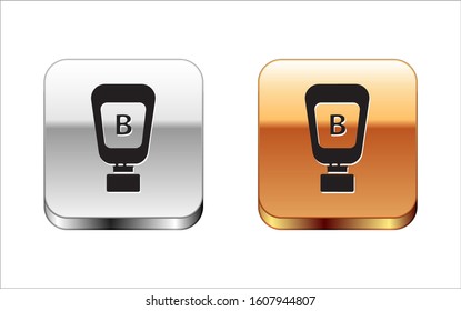 Black Sauce bottle icon isolated on white background. Ketchup, mustard and mayonnaise bottles with sauce for fast food. Silver-gold square button. Vector Illustration