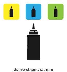 Black Sauce bottle icon isolated on white background. Ketchup, mustard and mayonnaise bottles with sauce for fast food. Set icons colorful square buttons. Vector Illustration