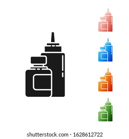Black Sauce bottle icon isolated on white background. Ketchup, mustard and mayonnaise bottles with sauce for fast food. Set icons colorful. Vector Illustration