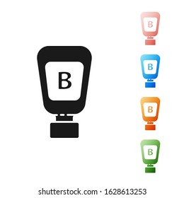 Black Sauce bottle icon isolated on white background. Ketchup, mustard and mayonnaise bottles with sauce for fast food. Set icons colorful. Vector Illustration