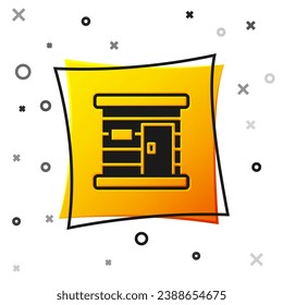 Black Sauna wooden bathhouse icon isolated on white background. Heat spa relaxation therapy bath and hot steam healthcare, relax therapy. Yellow square button. Vector