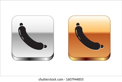 Black Sausage icon isolated on white background. Grilled sausage and aroma sign. Silver-gold square button. Vector Illustration