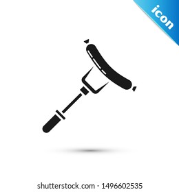 Black Sausage on the fork icon isolated on white background. Grilled sausage and aroma sign.  Vector Illustration