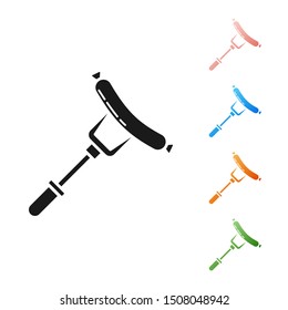 Black Sausage on the fork icon isolated on white background. Grilled sausage and aroma sign. Set icons colorful. Vector Illustration