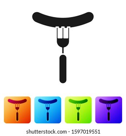 Black Sausage on the fork icon isolated on white background. Grilled sausage and aroma sign. Set icons in color square buttons. Vector Illustration