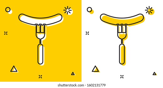 Black Sausage on the fork icon isolated on yellow and white background. Grilled sausage and aroma sign. Random dynamic shapes. Vector Illustration