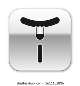 Black Sausage on the fork icon isolated on white background. Grilled sausage and aroma sign. Silver square button. Vector Illustration