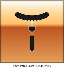 Black Sausage on the fork icon isolated on gold background. Grilled sausage and aroma sign.  Vector Illustration