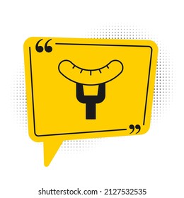 Black Sausage on the fork icon isolated on white background. Grilled sausage and aroma sign. Yellow speech bubble symbol. Vector