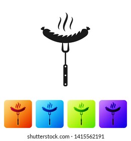 Black Sausage on the fork with steam icon isolated on white background. Grilled sausage and aroma sign. Set icon in color square buttons. Vector Illustration