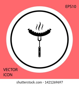 Black Sausage on the fork with steam icon isolated on red background. Grilled sausage and aroma sign. White circle button. Vector Illustration