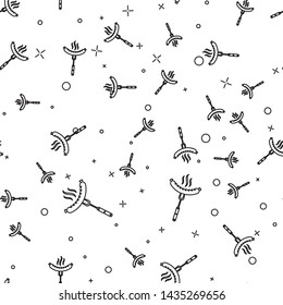 Black Sausage on the fork with steam line icon isolated seamless pattern on white background. Grilled sausage and aroma sign. Vector Illustration