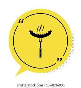 Black Sausage on the fork with steam icon isolated on white background. Grilled sausage and aroma sign. Yellow speech bubble symbol. Vector Illustration
