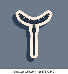 Black Sausage on the fork with steam icon isolated on grey background. Grilled sausage and aroma sign. Long shadow style. Vector Illustration