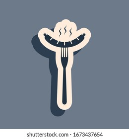 Black Sausage on the fork with steam icon isolated on grey background. Grilled sausage and aroma sign. Long shadow style. Vector Illustration