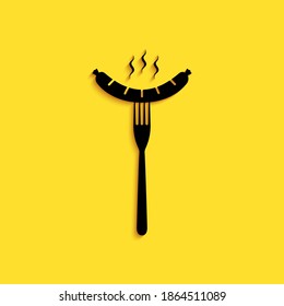 Black Sausage on the fork with steam icon isolated on yellow background. Grilled sausage and aroma sign. Long shadow style. Vector.