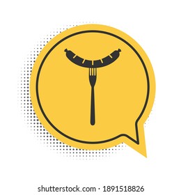 Black Sausage on the fork with steam icon isolated on white background. Grilled sausage and aroma sign. Yellow speech bubble symbol. Vector.