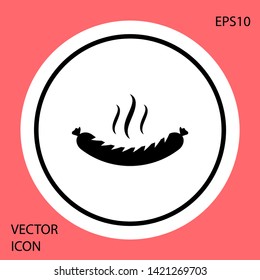 Black Sausage with steam icon isolated on red background. Grilled sausage and aroma sign. White circle button. Vector Illustration