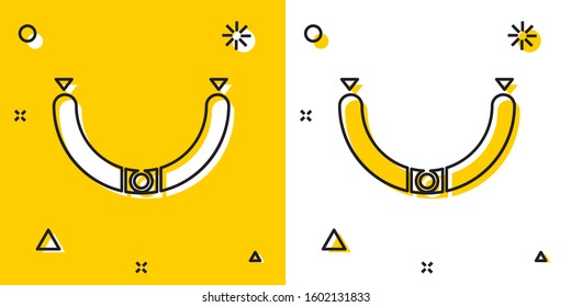 Black Sausage with steam icon isolated on yellow and white background. Grilled sausage and aroma sign. Random dynamic shapes. Vector Illustration