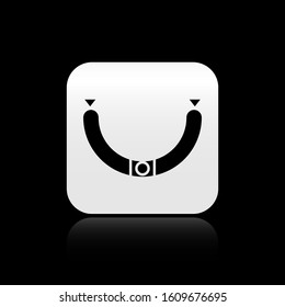 Black Sausage with steam icon isolated on black background. Grilled sausage and aroma sign. Silver square button. Vector Illustration