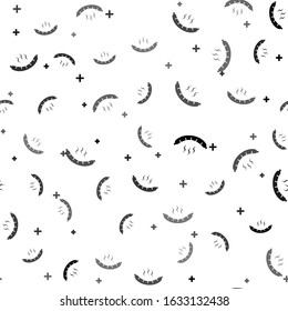 Black Sausage with steam icon isolated seamless pattern on white background. Grilled sausage and aroma sign.  Vector Illustration