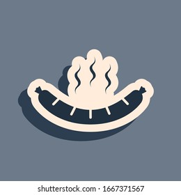 Black Sausage with steam icon isolated on grey background. Grilled sausage and aroma sign. Long shadow style. Vector Illustration