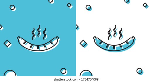 Black Sausage with steam icon isolated on blue and white background. Grilled sausage and aroma sign. Random dynamic shapes. Vector Illustration