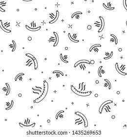 Black Sausage with steam line icon isolated seamless pattern on white background. Grilled sausage and aroma sign. Vector Illustration