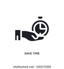 Black Save Time Isolated Vector Icon. Simple Element Illustration From Time Management Concept Vector Icons. Save Time Editable Logo Symbol Design On White Background. Can Be Use For Web And Mobile