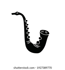 Black saxophone isolated on white background. Musical ornament outline instrument. Pipe concert jazz folk festival. Trumpet trombone doodle blues acoustic tune hand drawn illustration. 
