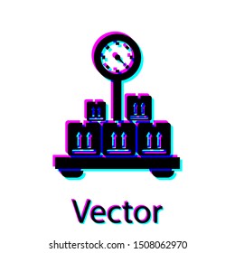 Black Scale with cardboard box icon isolated on white background. Logistic and delivery. Weight of delivery package on a scale.  Vector Illustration