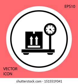 Black Scale with cardboard box icon isolated on red background. Logistic and delivery. Weight of delivery package on a scale. White circle button. Vector Illustration