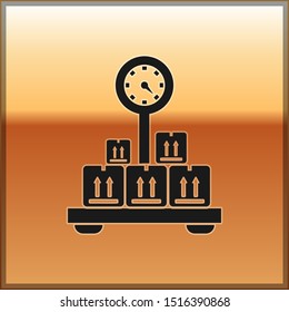 Black Scale with cardboard box icon isolated on gold background. Logistic and delivery. Weight of delivery package on a scale.  Vector Illustration
