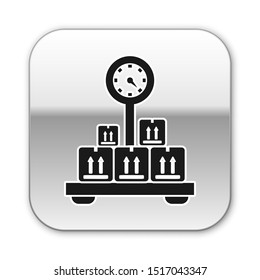 Black Scale with cardboard box icon isolated on white background. Logistic and delivery. Weight of delivery package on a scale. Silver square button. Vector Illustration