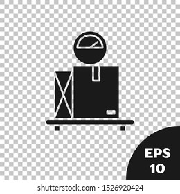 Black Scale with cardboard box icon isolated on transparent background. Logistic and delivery. Weight of delivery package on a scale.  Vector Illustration