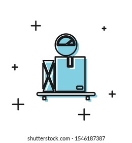 Black Scale with cardboard box icon isolated on white background. Logistic and delivery. Weight of delivery package on a scale.  Vector Illustration
