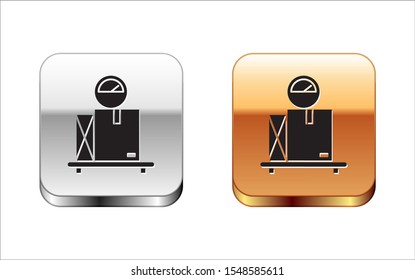 Black Scale with cardboard box icon isolated on white background. Logistic and delivery. Weight of delivery package on a scale. Silver-gold square button. Vector Illustration