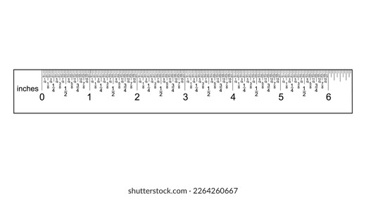 Black scale, markup for rulers from 0 to 6 inches. Art design horizontal measure scale distances 6" ruler division one thirty-second inch. Vector illustration
